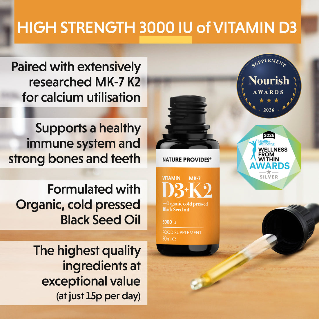 D3+K2 (3000IU) Liquid Vitamin D3 & K2 (MK7) in Organic BlackSeed Oil-30ml