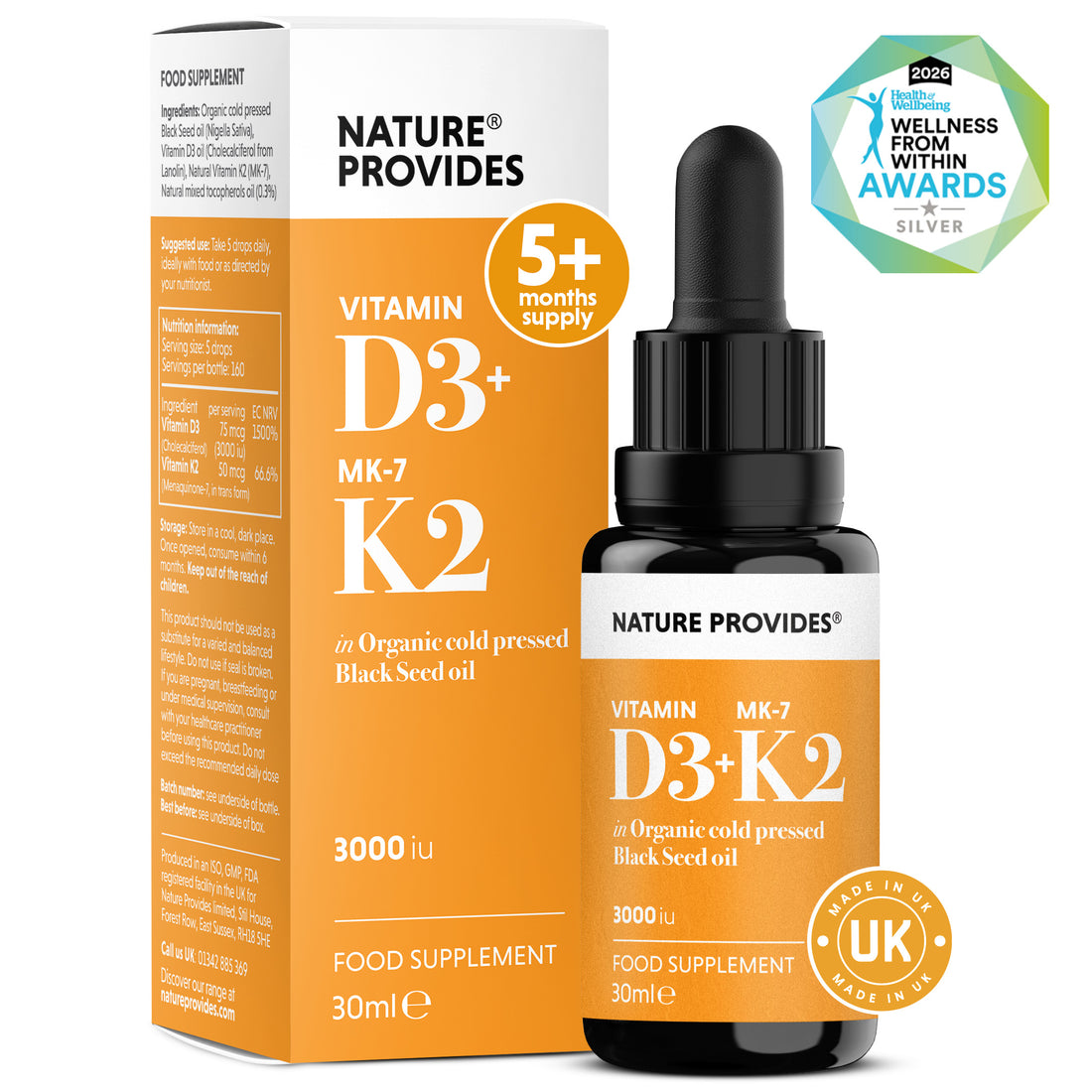 D3+K2 (3000IU) Liquid Vitamin D3 & K2 (MK7) in Organic BlackSeed Oil-30ml
