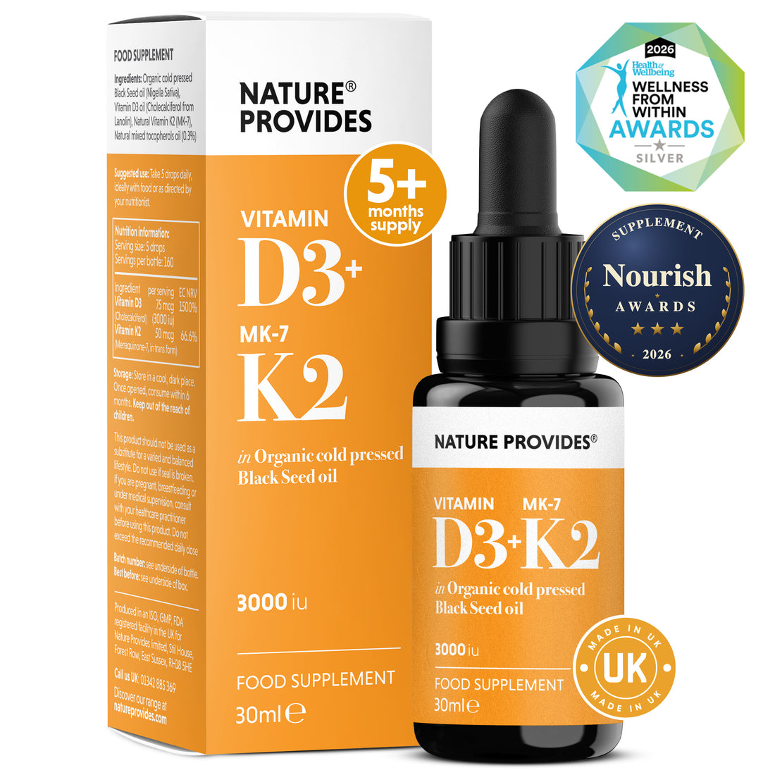 D3+K2 (3000IU) Liquid Vitamin D3 & K2 (MK7) in Organic BlackSeed Oil-30ml