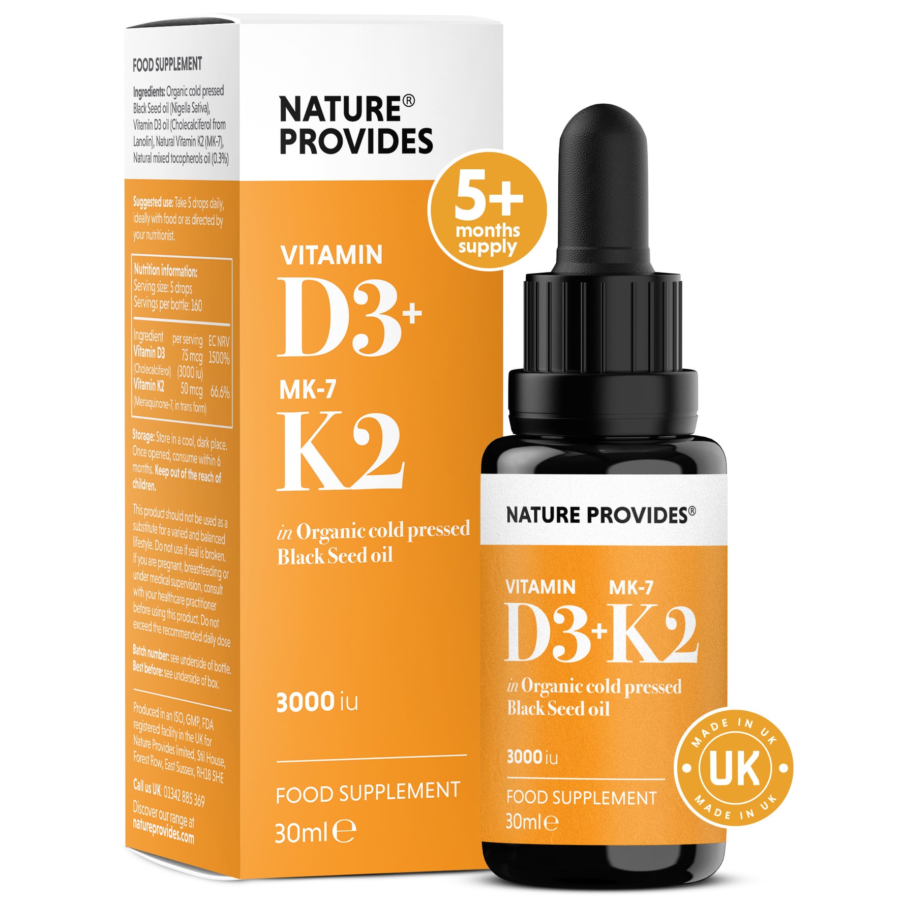 D3+K2 (3000IU) Liquid Vitamin D3 & K2 (MK7) in Organic BlackSeed Oil-30ml
