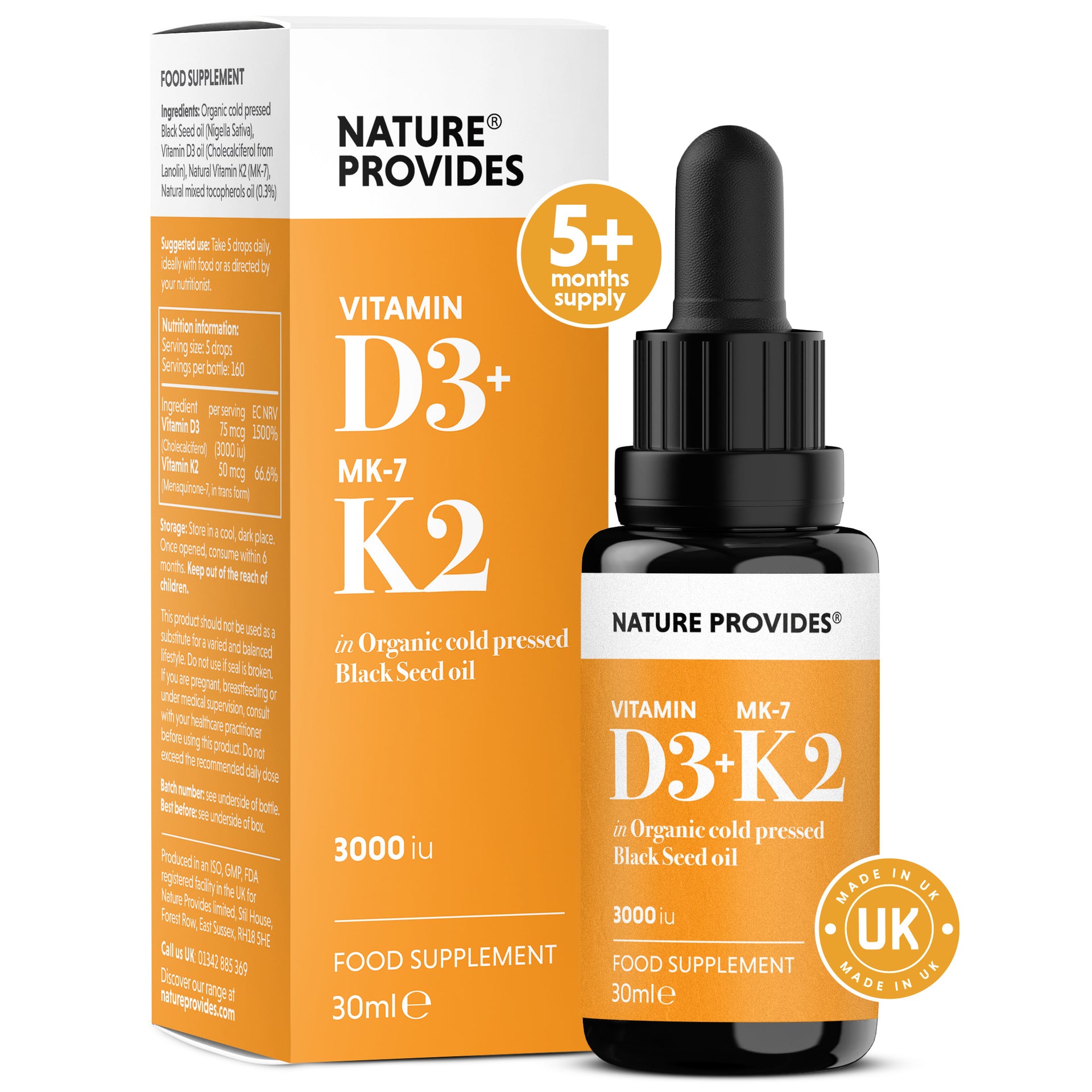 Liquid Vitamin D3 & K2 (MK-7) in Organic Black Seed Oil | MADE IN UK