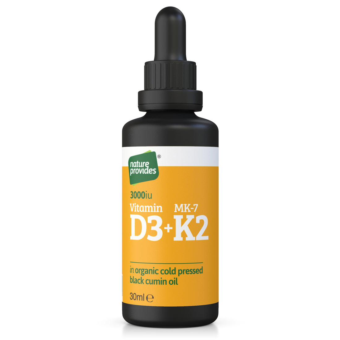 Vitamina Líquida D3 (3000IU) & K2 (MK-7 / MK7 100% trans) en Aceite de Semilla Negra Orgánica - 30ml