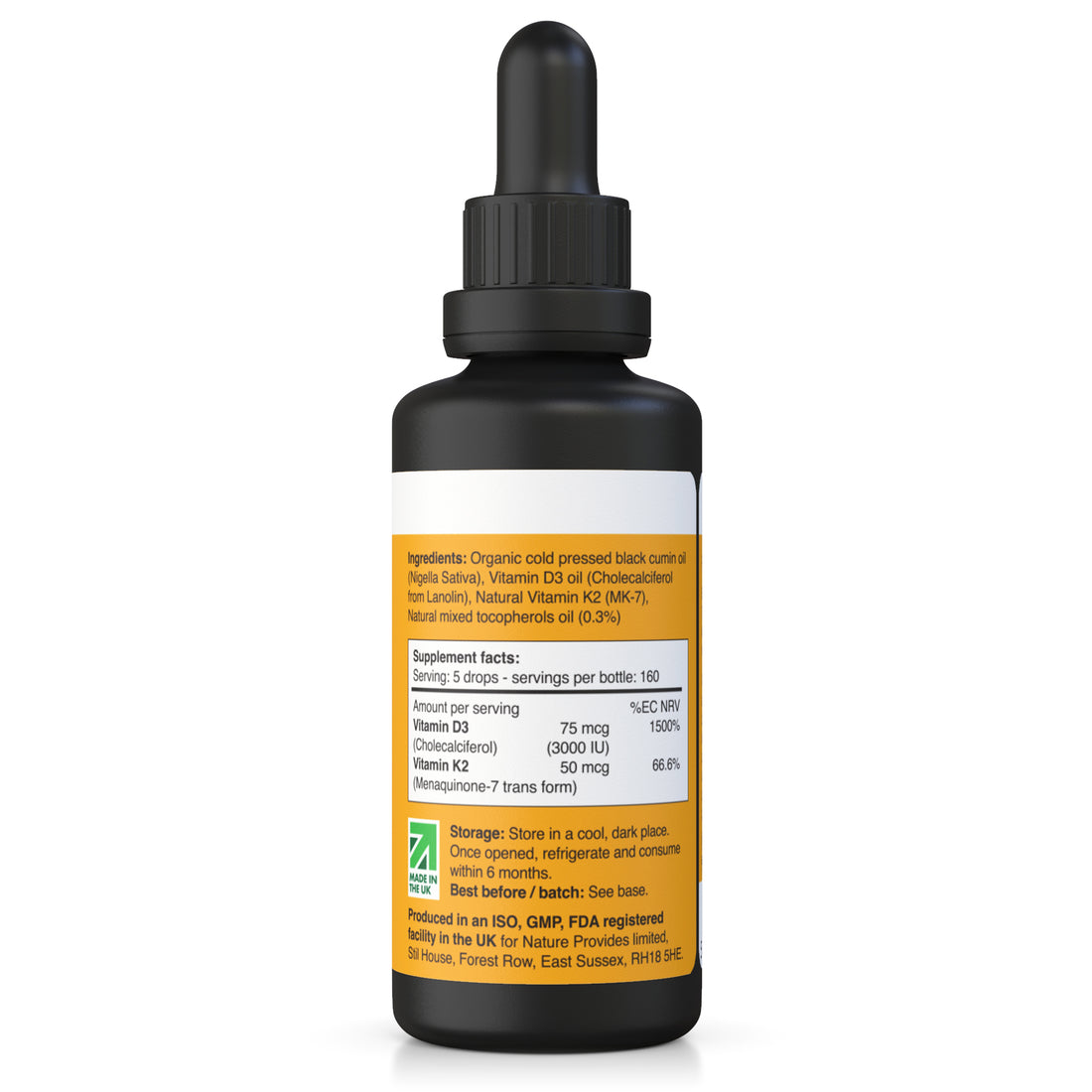 Vitamina Líquida D3 (3000IU) & K2 (MK-7 / MK7 100% trans) en Aceite de Semilla Negra Orgánica - 30ml