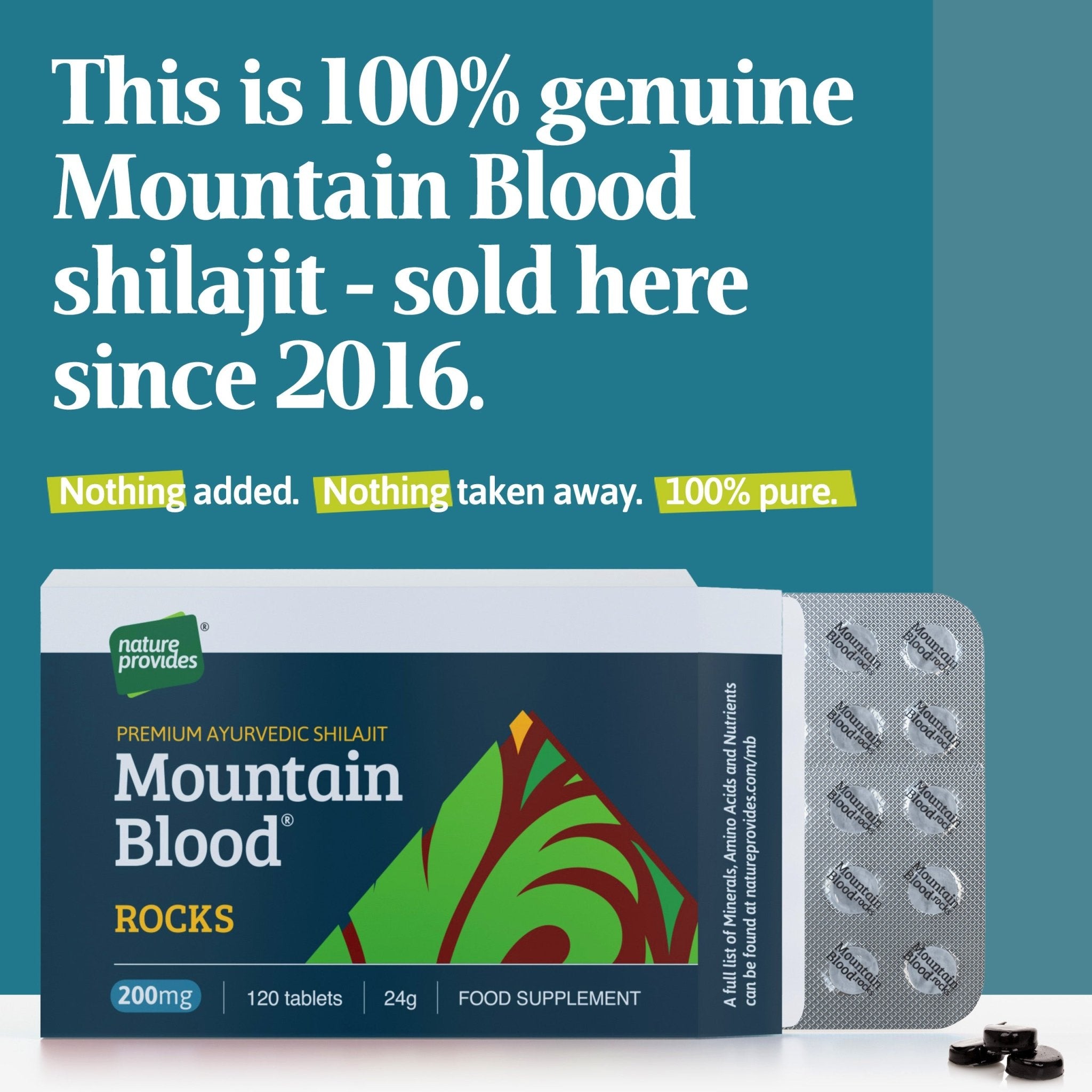 Mountain Blood® Rocks - Premium Ayurvedic Shilajit - 120 x 200mg tablets - Nature Provides