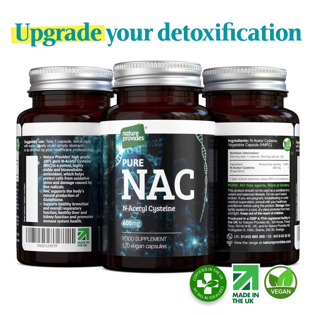 NAC N - Acetyl Cysteine (Free - form and 100% Pure) - 120 Vegan Capsules - Nature Provides