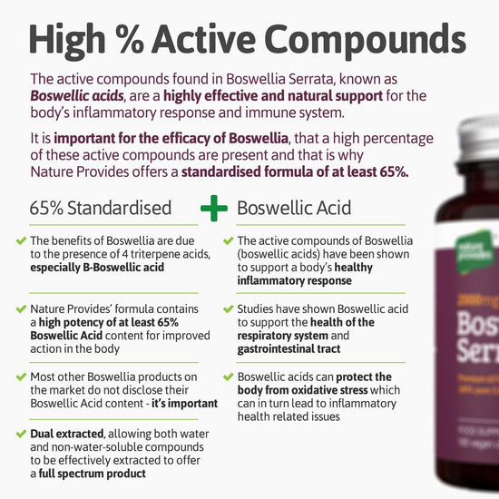 Boswellia Serrata 5:1 Extract 2000mg | 65% Standardised Boswellic Acid - 180 Vegan Capsules - Nature Provides