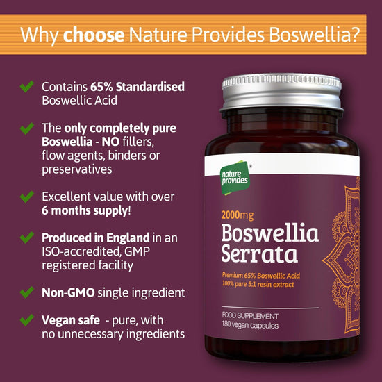Boswellia Serrata 5:1 Extract 2000mg | 65% Standardised Boswellic Acid - 180 Vegan Capsules - Nature Provides