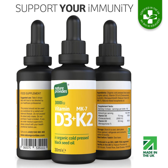 Liquid Vitamin D3 (3000IU) & K2 (MK-7 / MK7 100% trans) in Organic Black Seed Oil - 30ml - Nature Provides