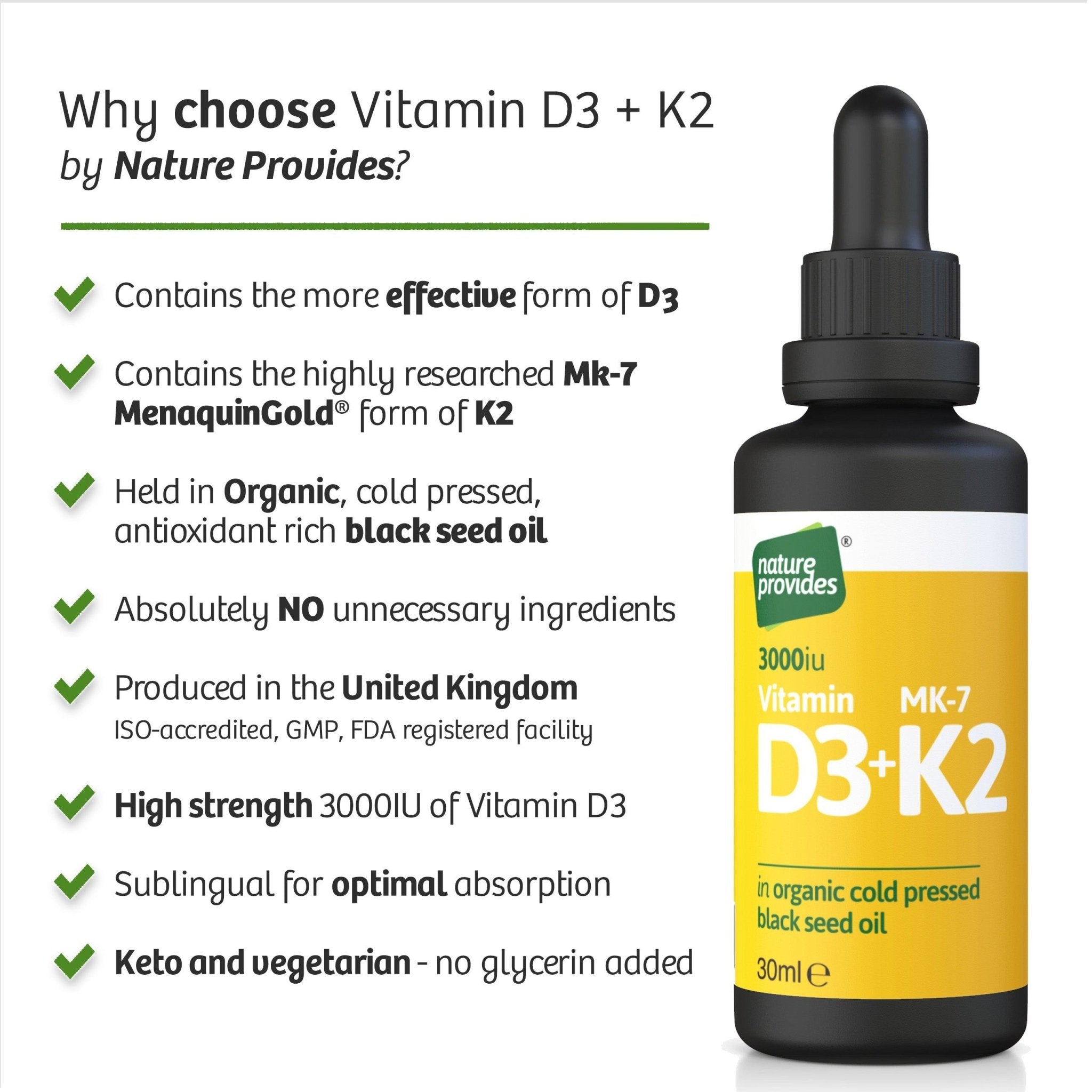 Liquid Vitamin D3 (3000IU) & K2 (MK-7 / MK7 100% trans) in Organic Black Seed Oil - 30ml - Nature Provides