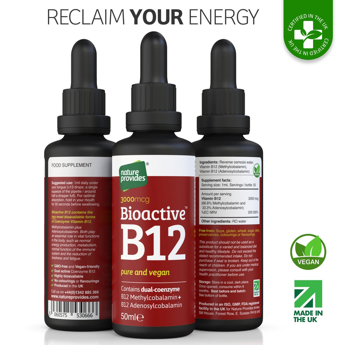Nature Provides Liquid Vitamin B12 (Bioactive B12, 3000 mcg) Made in the UK - 50ml - Nature Provides