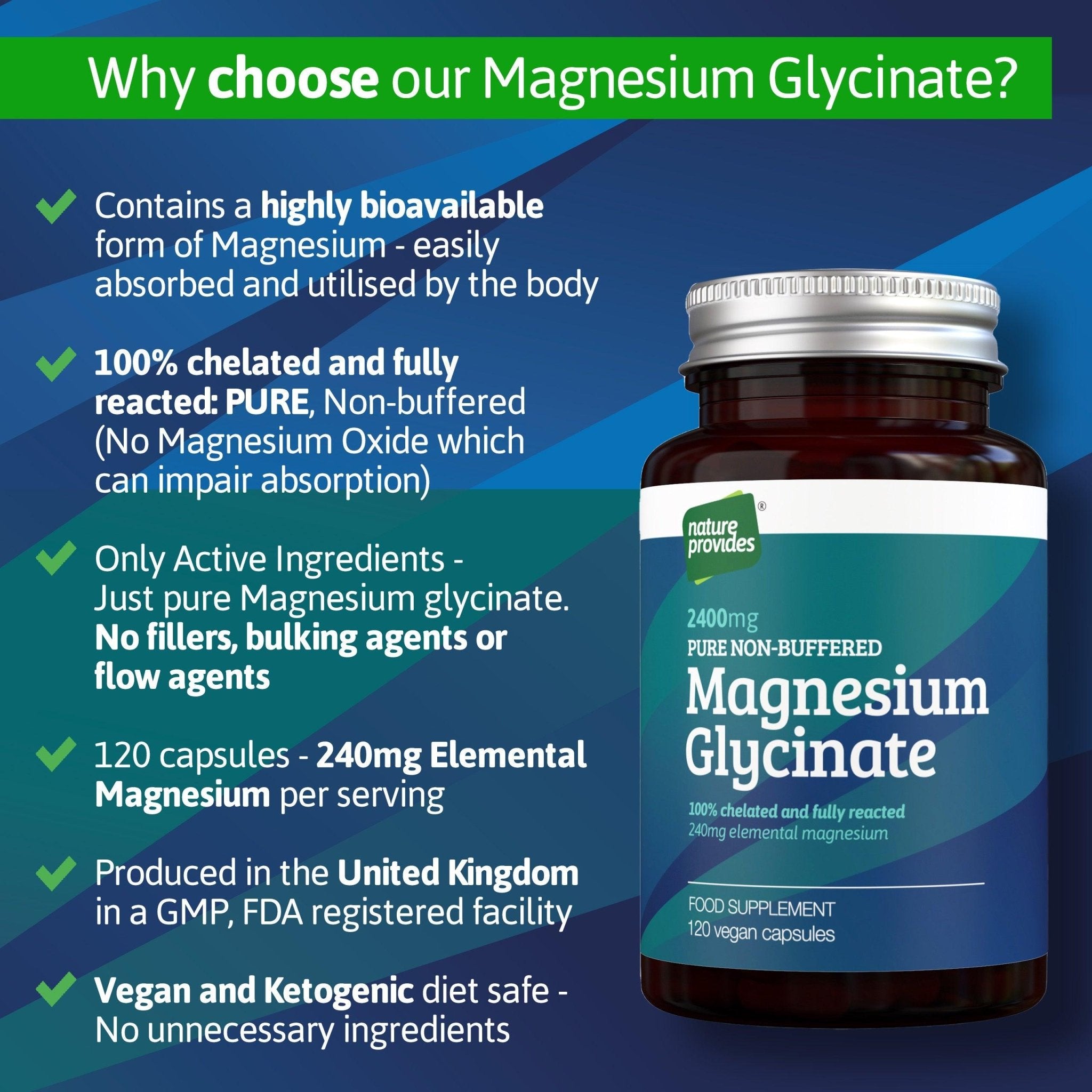 PURE Magnesium Glycinate (TRAACS Magnesium Bisglycinate) Made in the UK - 120 Vegan Capsules - Nature Provides