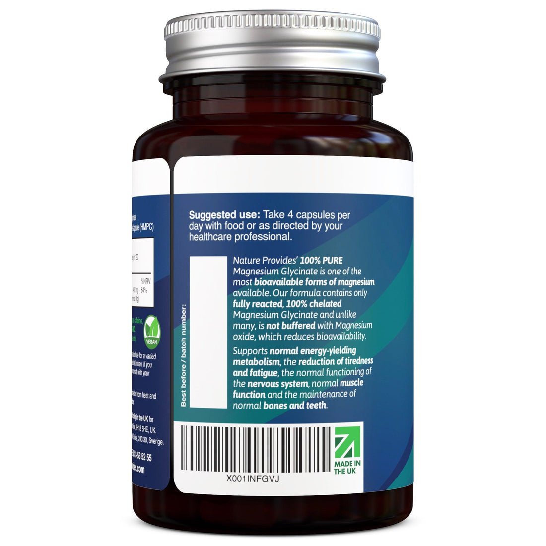 PURE Magnesium Glycinate (TRAACS Magnesium Bisglycinate) Made in the UK - 120 Vegan Capsules - Nature Provides